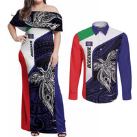 Personalised PNG Bougainville Couples Matching Off Shoulder Maxi Dress and Long Sleeve Button Shirt Bird of Paradise Tattoo Flag Motif - Polynesian Pride