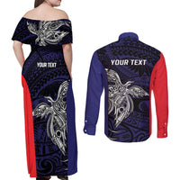 Personalised PNG Bougainville Couples Matching Off Shoulder Maxi Dress and Long Sleeve Button Shirt Bird of Paradise Tattoo Flag Motif - Polynesian Pride