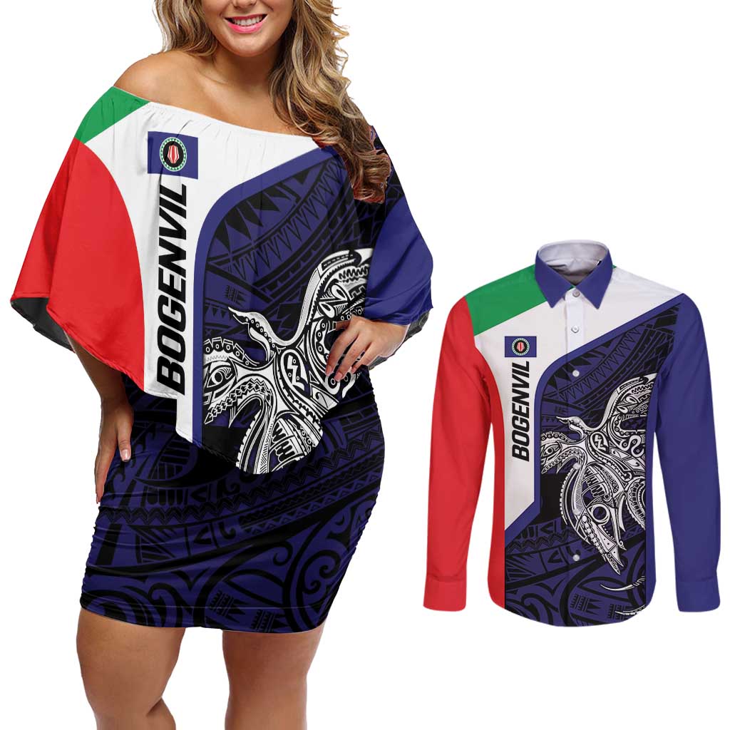 Personalised PNG Bougainville Couples Matching Off Shoulder Short Dress and Long Sleeve Button Shirt Bird of Paradise Tattoo Flag Motif - Polynesian Pride