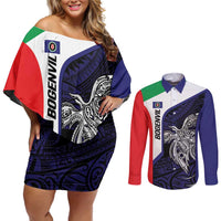 Personalised PNG Bougainville Couples Matching Off Shoulder Short Dress and Long Sleeve Button Shirt Bird of Paradise Tattoo Flag Motif - Polynesian Pride