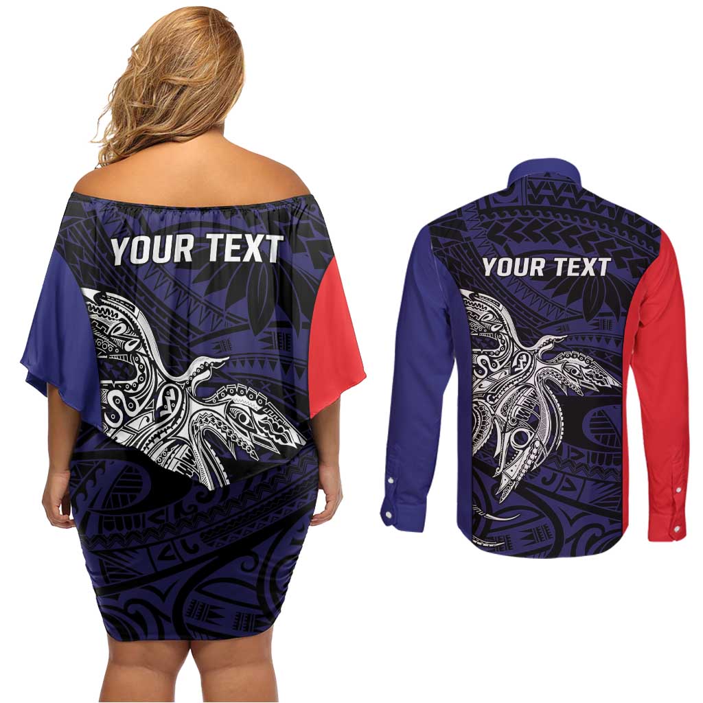 Personalised PNG Bougainville Couples Matching Off Shoulder Short Dress and Long Sleeve Button Shirt Bird of Paradise Tattoo Flag Motif - Polynesian Pride