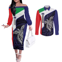 Personalised PNG Bougainville Couples Matching Off The Shoulder Long Sleeve Dress and Long Sleeve Button Shirt Bird of Paradise Tattoo Flag Motif - Polynesian Pride