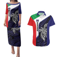 Personalised PNG Bougainville Couples Matching Puletasi and Hawaiian Shirt Bird of Paradise Tattoo Flag Motif - Polynesian Pride