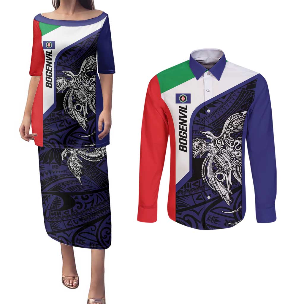 Personalised PNG Bougainville Couples Matching Puletasi and Long Sleeve Button Shirt Bird of Paradise Tattoo Flag Motif - Polynesian Pride