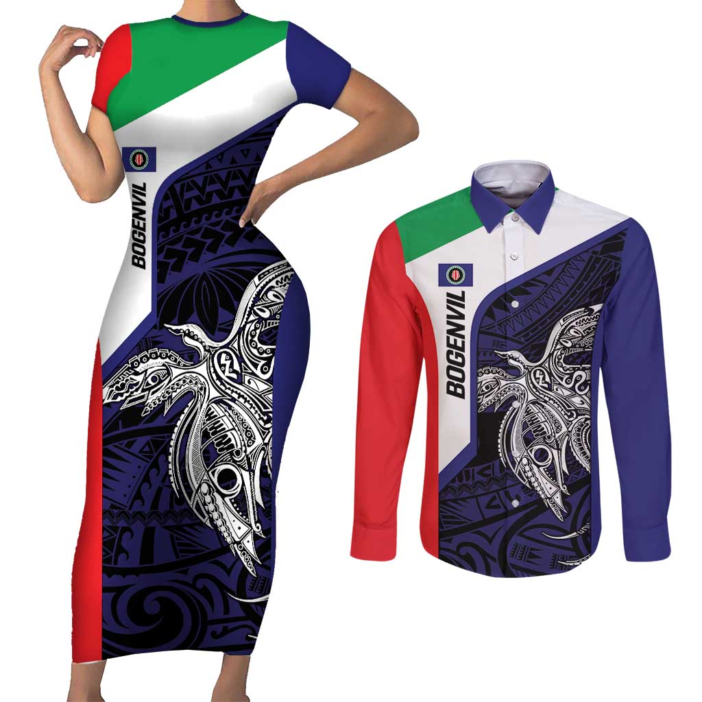 Personalised PNG Bougainville Couples Matching Short Sleeve Bodycon Dress and Long Sleeve Button Shirt Bird of Paradise Tattoo Flag Motif - Polynesian Pride