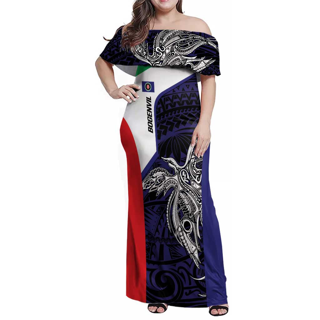 Personalised PNG Bougainville Family Matching Off Shoulder Maxi Dress and Hawaiian Shirt Bird of Paradise Tattoo Flag Motif - Polynesian Pride