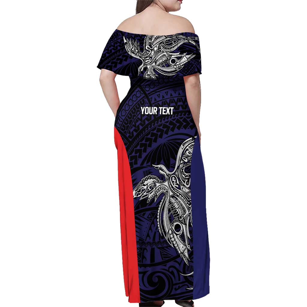 Personalised PNG Bougainville Family Matching Off Shoulder Maxi Dress and Hawaiian Shirt Bird of Paradise Tattoo Flag Motif - Polynesian Pride