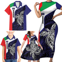 Personalised PNG Bougainville Family Matching Short Sleeve Bodycon Dress and Hawaiian Shirt Bird of Paradise Tattoo Flag Motif - Polynesian Pride