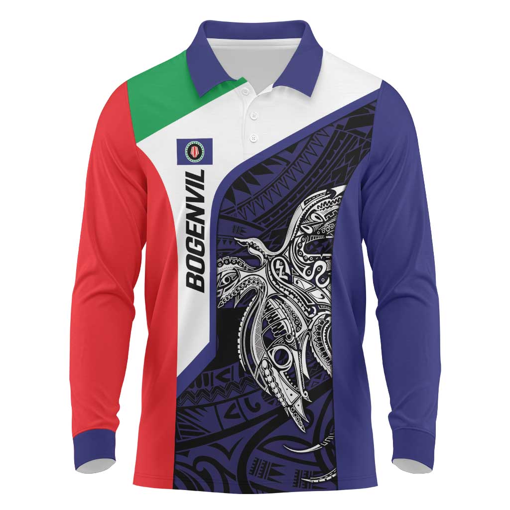 Personalised PNG Bougainville Long Sleeve Polo Shirt Bird of Paradise Tattoo Flag Motif - Polynesian Pride