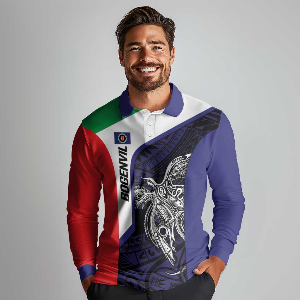 Personalised PNG Bougainville Long Sleeve Polo Shirt Bird of Paradise Tattoo Flag Motif - Polynesian Pride
