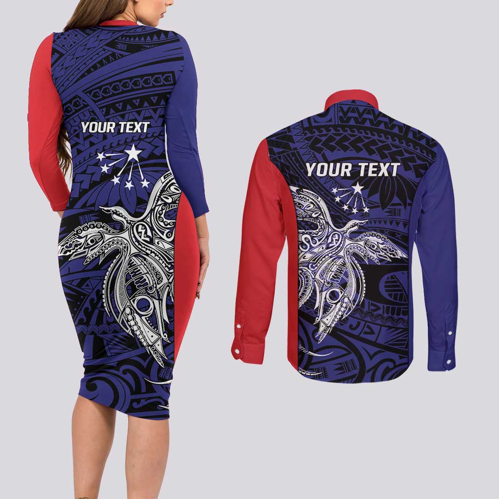 Personalised PNG Central Province Couples Matching Long Sleeve Bodycon Dress and Long Sleeve Button Shirt Bird of Paradise Tattoo Flag Motif - Polynesian Pride