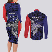 Personalised PNG Central Province Couples Matching Long Sleeve Bodycon Dress and Long Sleeve Button Shirt Bird of Paradise Tattoo Flag Motif - Polynesian Pride