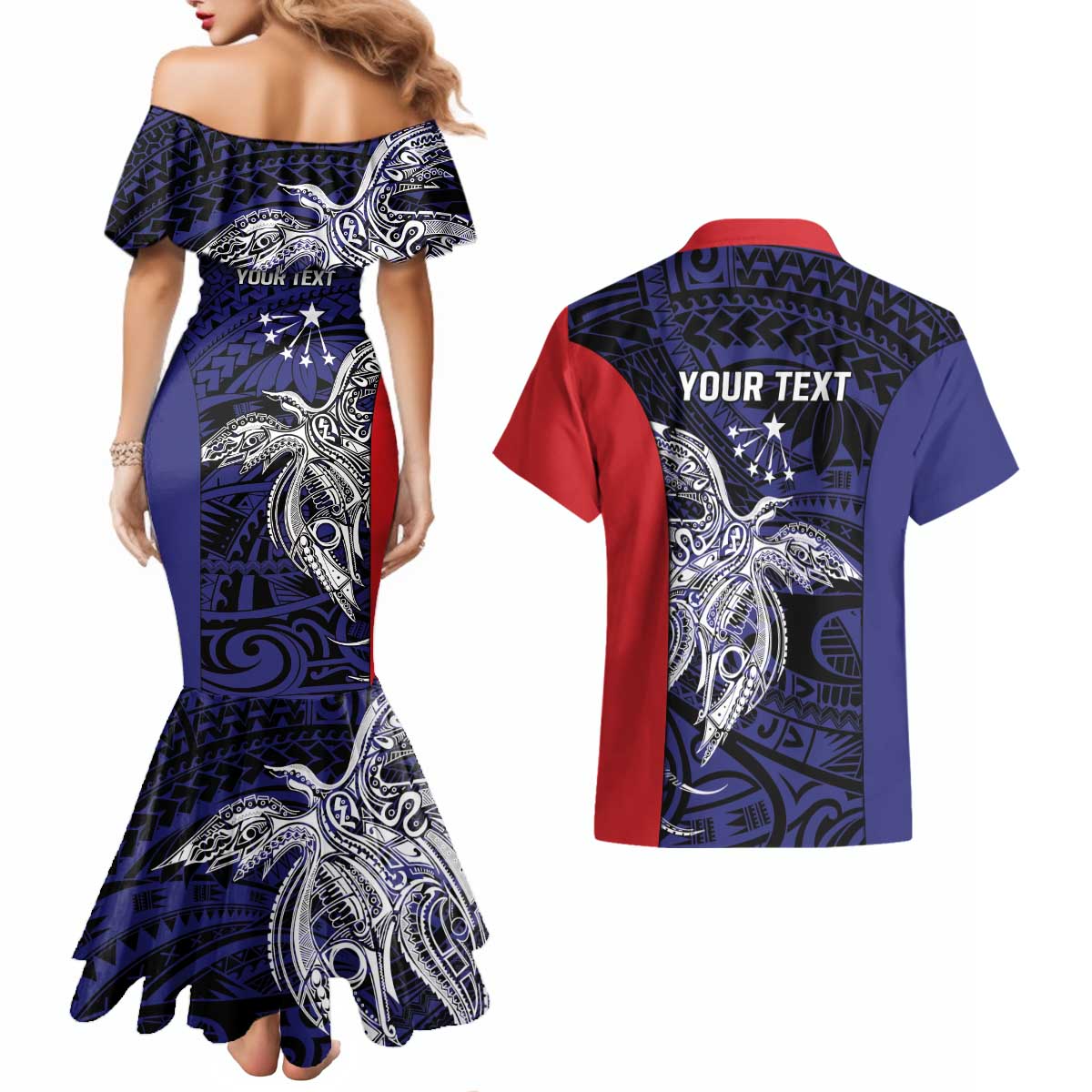 Personalised PNG Central Province Couples Matching Mermaid Dress and Hawaiian Shirt Bird of Paradise Tattoo Flag Motif - Polynesian Pride