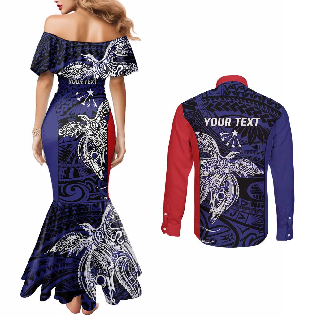Personalised PNG Central Province Couples Matching Mermaid Dress and Long Sleeve Button Shirt Bird of Paradise Tattoo Flag Motif - Polynesian Pride