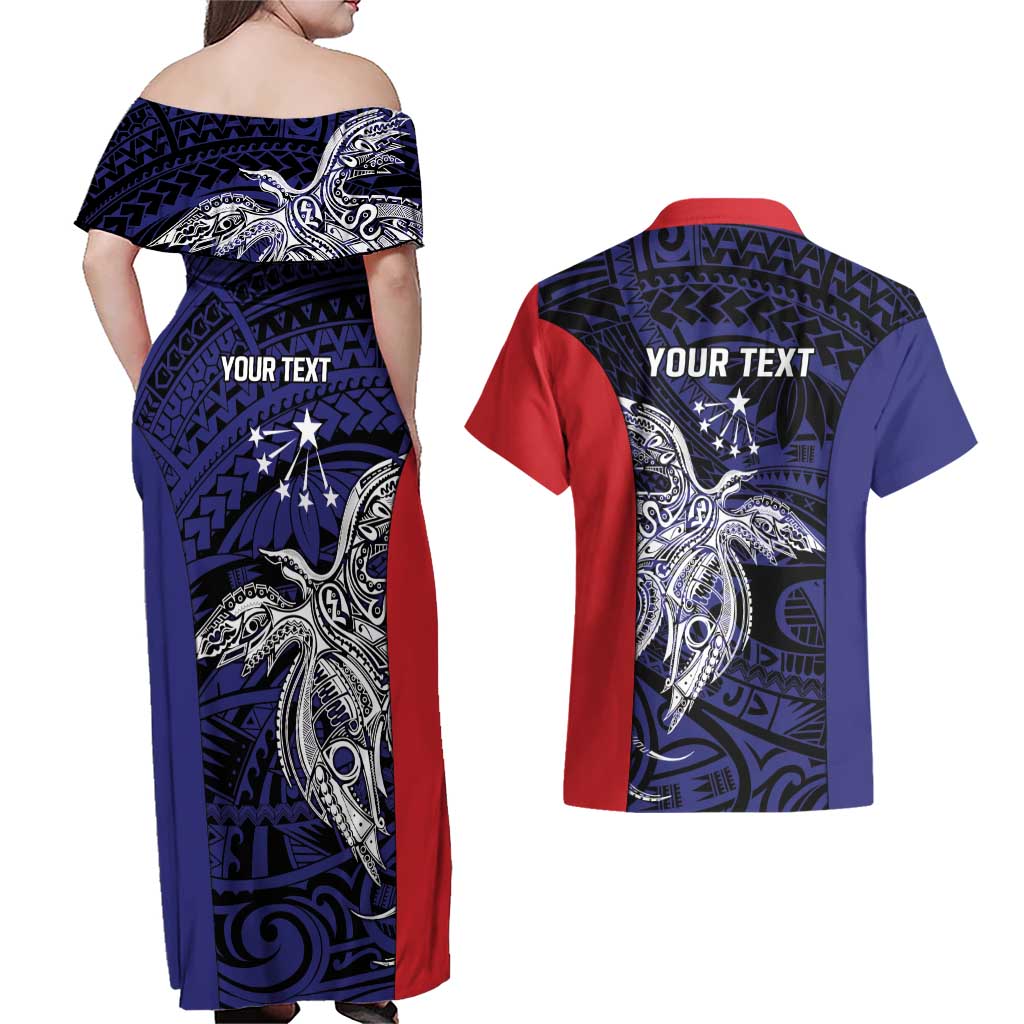 Personalised PNG Central Province Couples Matching Off Shoulder Maxi Dress and Hawaiian Shirt Bird of Paradise Tattoo Flag Motif - Polynesian Pride