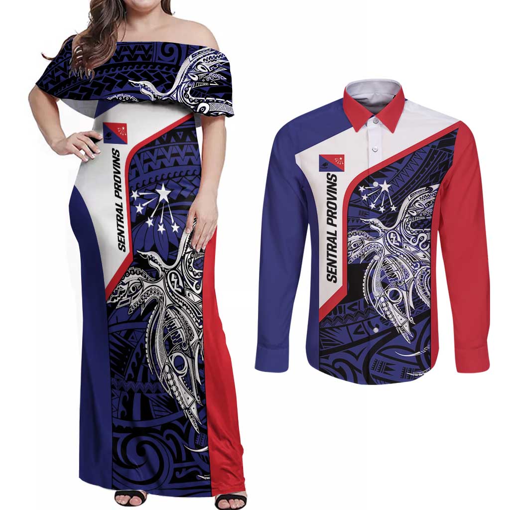 Personalised PNG Central Province Couples Matching Off Shoulder Maxi Dress and Long Sleeve Button Shirt Bird of Paradise Tattoo Flag Motif - Polynesian Pride