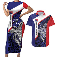 Personalised PNG Central Province Couples Matching Short Sleeve Bodycon Dress and Hawaiian Shirt Bird of Paradise Tattoo Flag Motif - Polynesian Pride