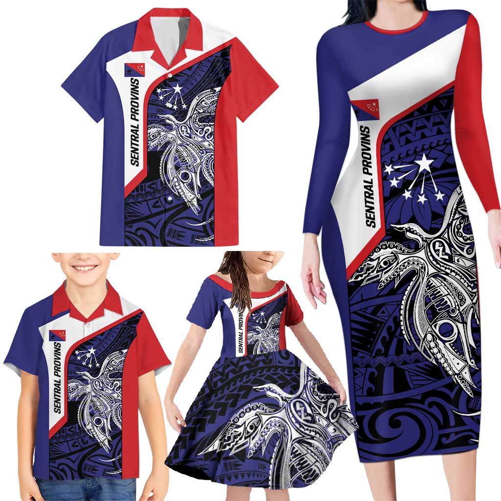 Personalised PNG Central Province Family Matching Long Sleeve Bodycon Dress and Hawaiian Shirt Bird of Paradise Tattoo Flag Motif - Polynesian Pride
