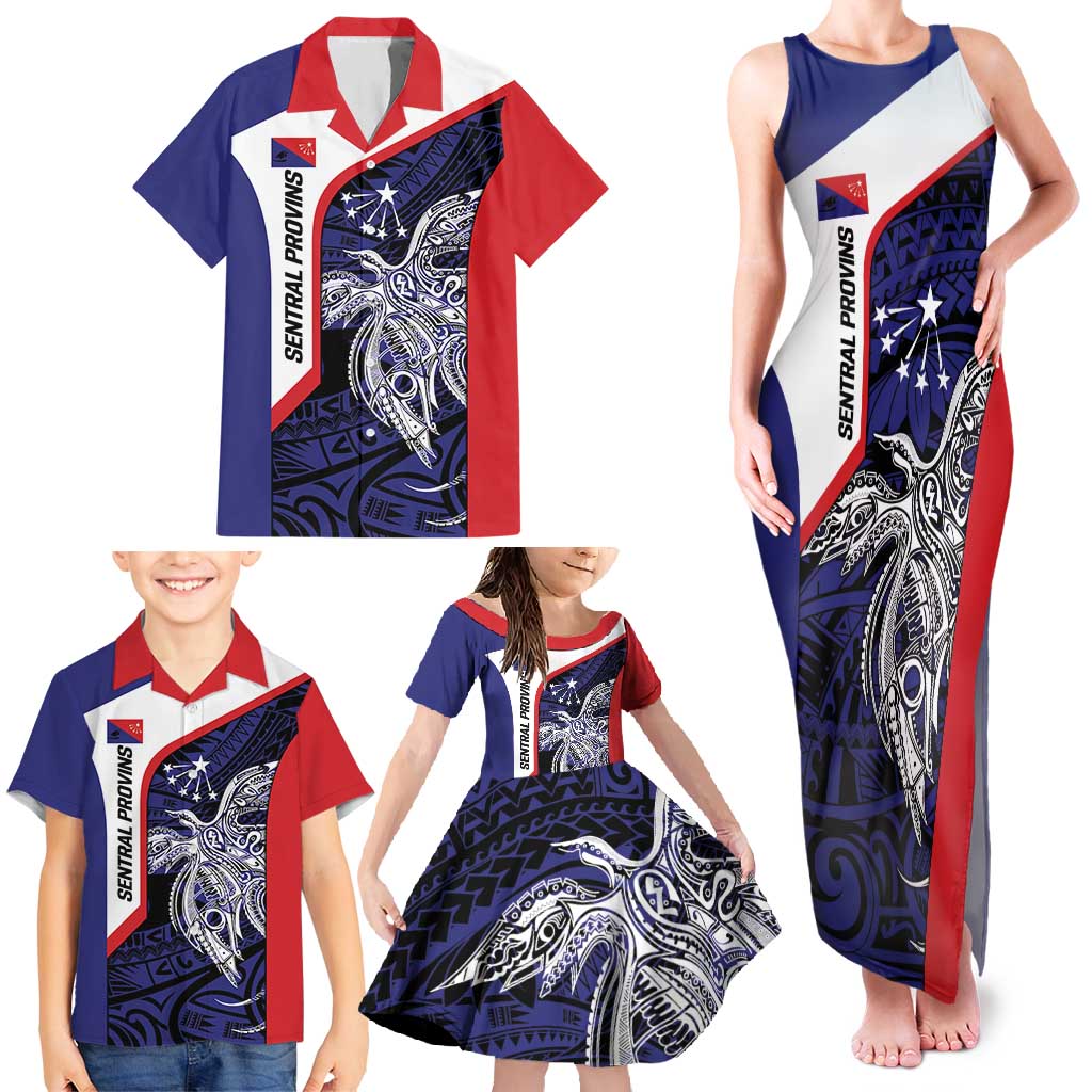 Personalised PNG Central Province Family Matching Tank Maxi Dress and Hawaiian Shirt Bird of Paradise Tattoo Flag Motif - Polynesian Pride