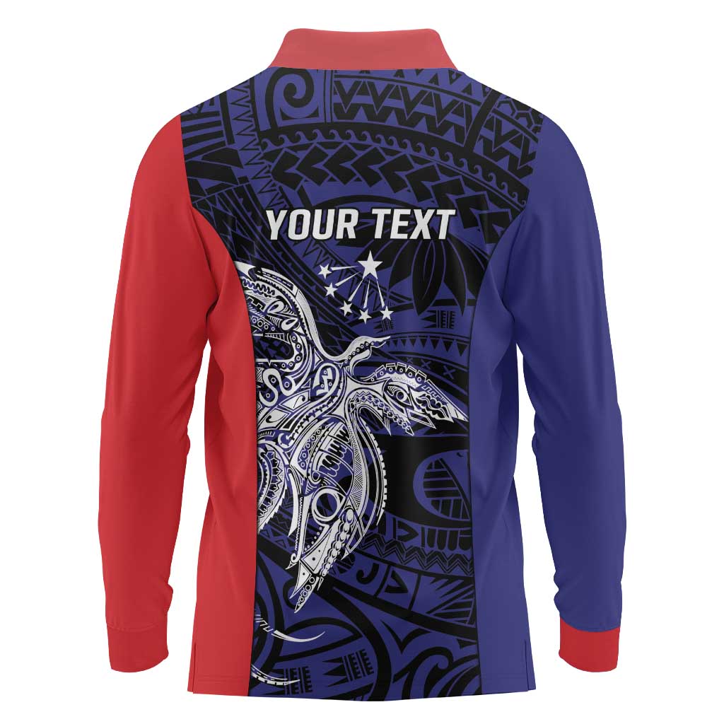 Personalised PNG Central Province Long Sleeve Polo Shirt Bird of Paradise Tattoo Flag Motif - Polynesian Pride