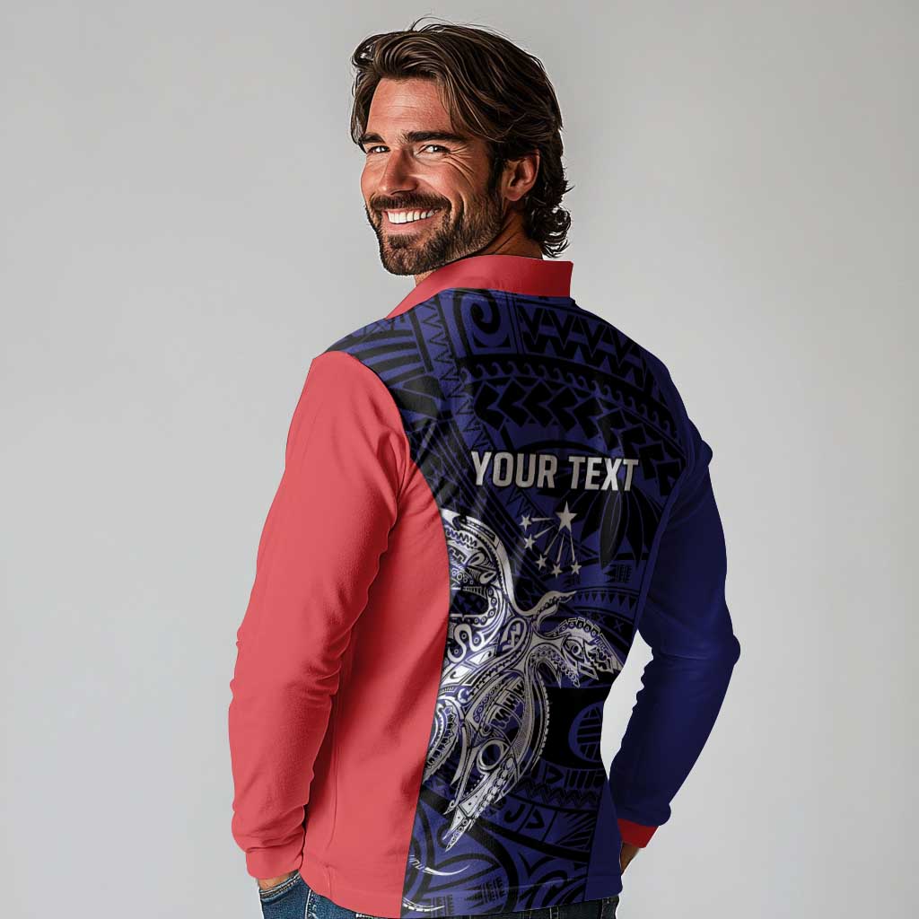 Personalised PNG Central Province Long Sleeve Polo Shirt Bird of Paradise Tattoo Flag Motif - Polynesian Pride