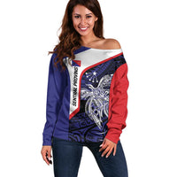 Personalised PNG Central Province Off Shoulder Sweater Bird of Paradise Tattoo Flag Motif - Polynesian Pride