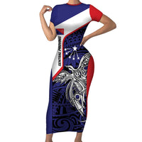 Personalised PNG Central Province Short Sleeve Bodycon Dress Bird of Paradise Tattoo Flag Motif LT9 Long Dress Blue - Polynesian Pride
