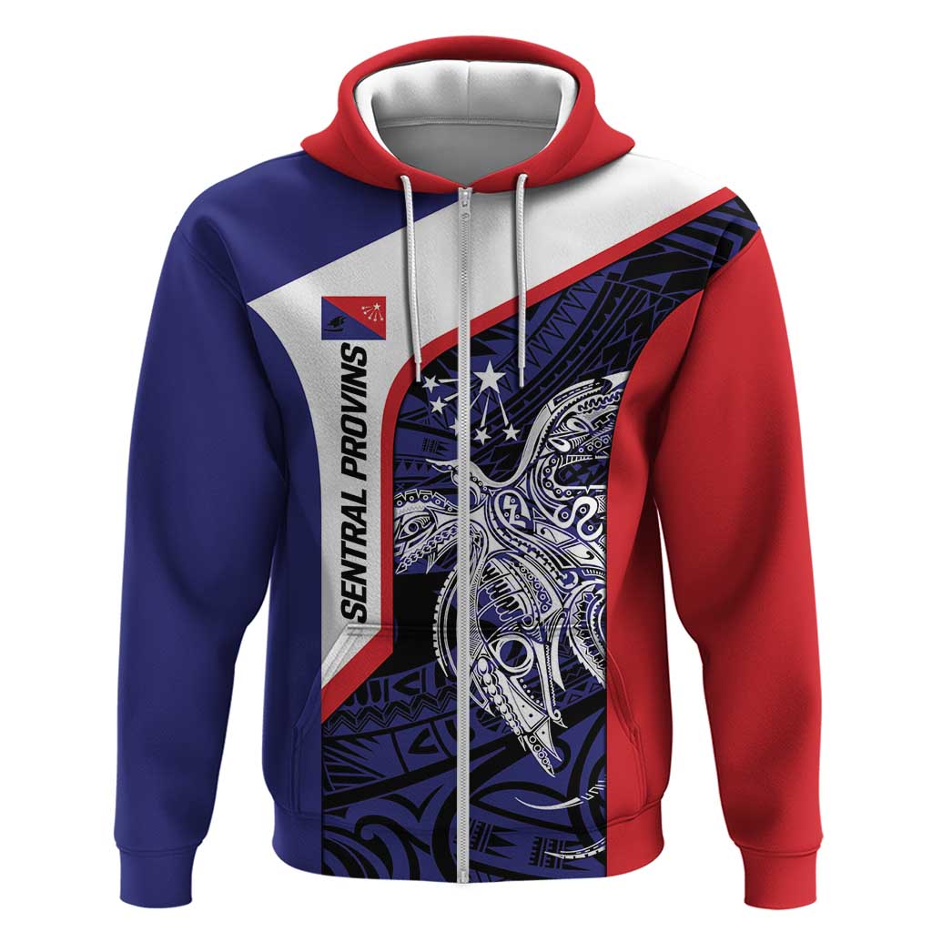 Personalised PNG Central Province Zip Hoodie Bird of Paradise Tattoo Flag Motif LT9 Zip Hoodie Blue - Polynesian Pride