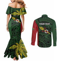 Personalised PNG Chimbu Province Couples Matching Mermaid Dress and Long Sleeve Button Shirt Bird of Paradise Tattoo Flag Motif - Polynesian Pride