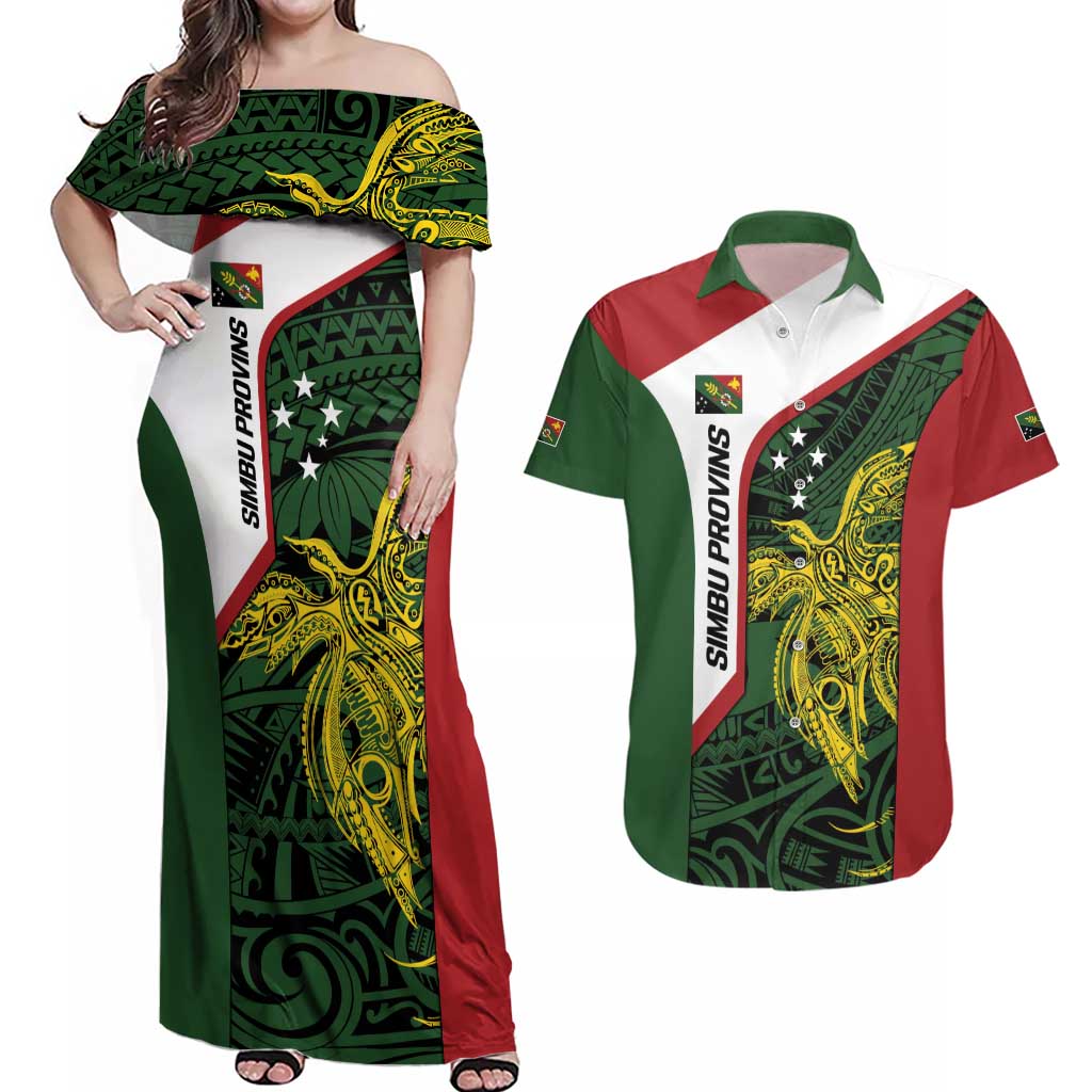 Personalised PNG Chimbu Province Couples Matching Off Shoulder Maxi Dress and Hawaiian Shirt Bird of Paradise Tattoo Flag Motif - Polynesian Pride