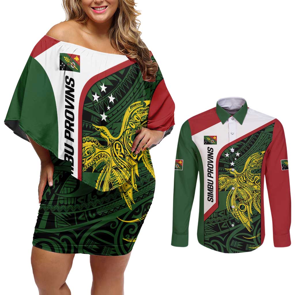 Personalised PNG Chimbu Province Couples Matching Off Shoulder Short Dress and Long Sleeve Button Shirt Bird of Paradise Tattoo Flag Motif - Polynesian Pride