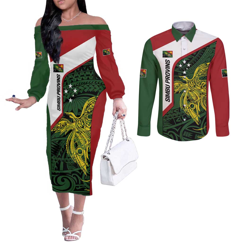 Personalised PNG Chimbu Province Couples Matching Off The Shoulder Long Sleeve Dress and Long Sleeve Button Shirt Bird of Paradise Tattoo Flag Motif - Polynesian Pride