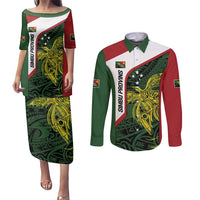 Personalised PNG Chimbu Province Couples Matching Puletasi and Long Sleeve Button Shirt Bird of Paradise Tattoo Flag Motif - Polynesian Pride