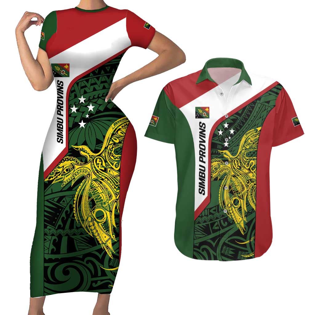 Personalised PNG Chimbu Province Couples Matching Short Sleeve Bodycon Dress and Hawaiian Shirt Bird of Paradise Tattoo Flag Motif - Polynesian Pride