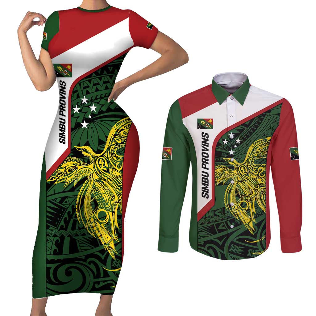 Personalised PNG Chimbu Province Couples Matching Short Sleeve Bodycon Dress and Long Sleeve Button Shirt Bird of Paradise Tattoo Flag Motif - Polynesian Pride