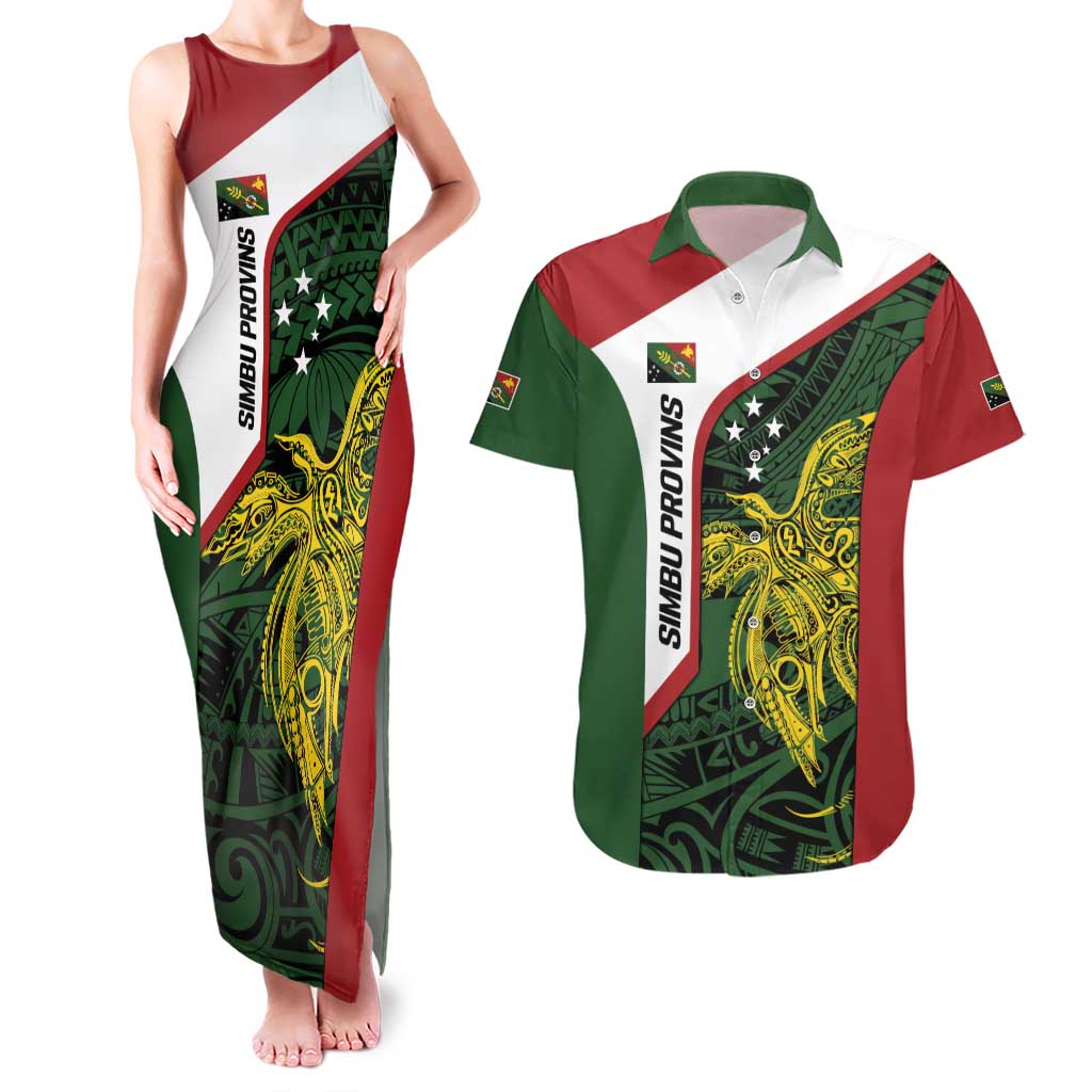 Personalised PNG Chimbu Province Couples Matching Tank Maxi Dress and Hawaiian Shirt Bird of Paradise Tattoo Flag Motif - Polynesian Pride