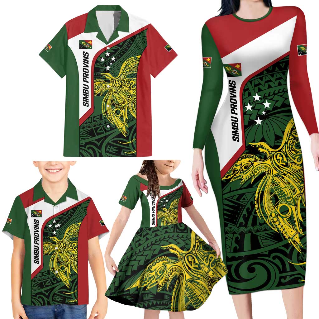 Personalised PNG Chimbu Province Family Matching Long Sleeve Bodycon Dress and Hawaiian Shirt Bird of Paradise Tattoo Flag Motif - Polynesian Pride