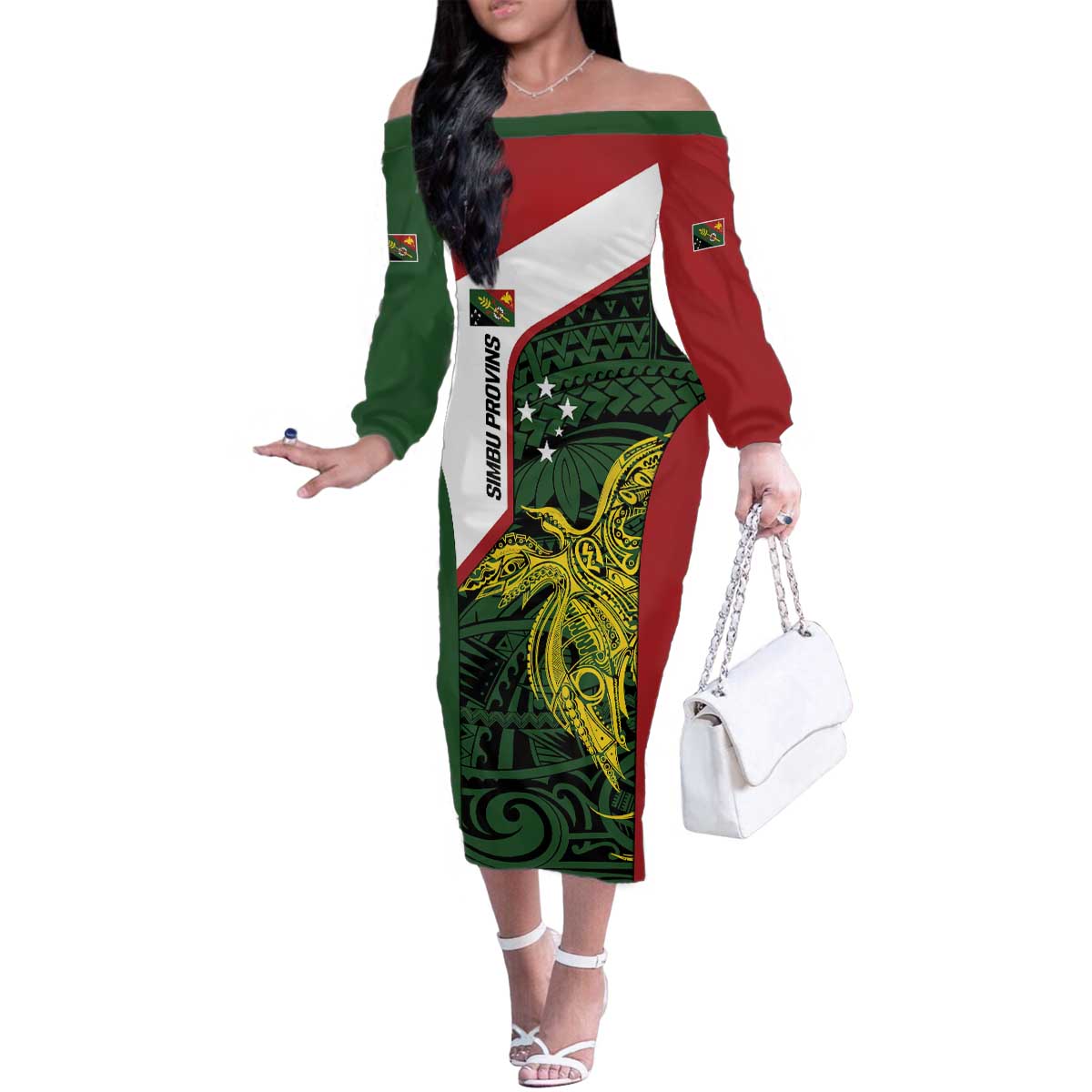 Personalised PNG Chimbu Province Family Matching Off The Shoulder Long Sleeve Dress and Hawaiian Shirt Bird of Paradise Tattoo Flag Motif - Polynesian Pride