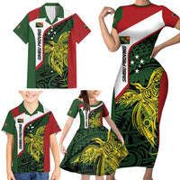 Personalised PNG Chimbu Province Family Matching Short Sleeve Bodycon Dress and Hawaiian Shirt Bird of Paradise Tattoo Flag Motif - Polynesian Pride