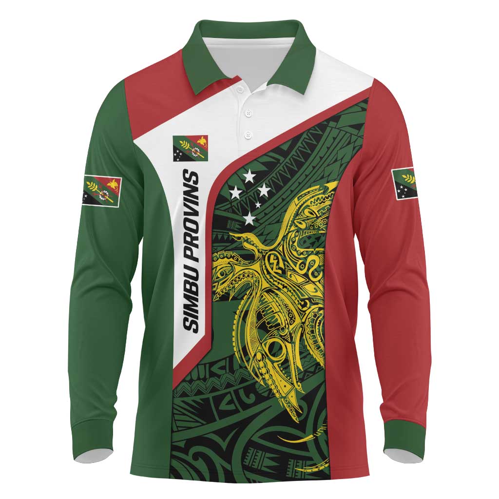 Personalised PNG Chimbu Province Long Sleeve Polo Shirt Bird of Paradise Tattoo Flag Motif - Polynesian Pride