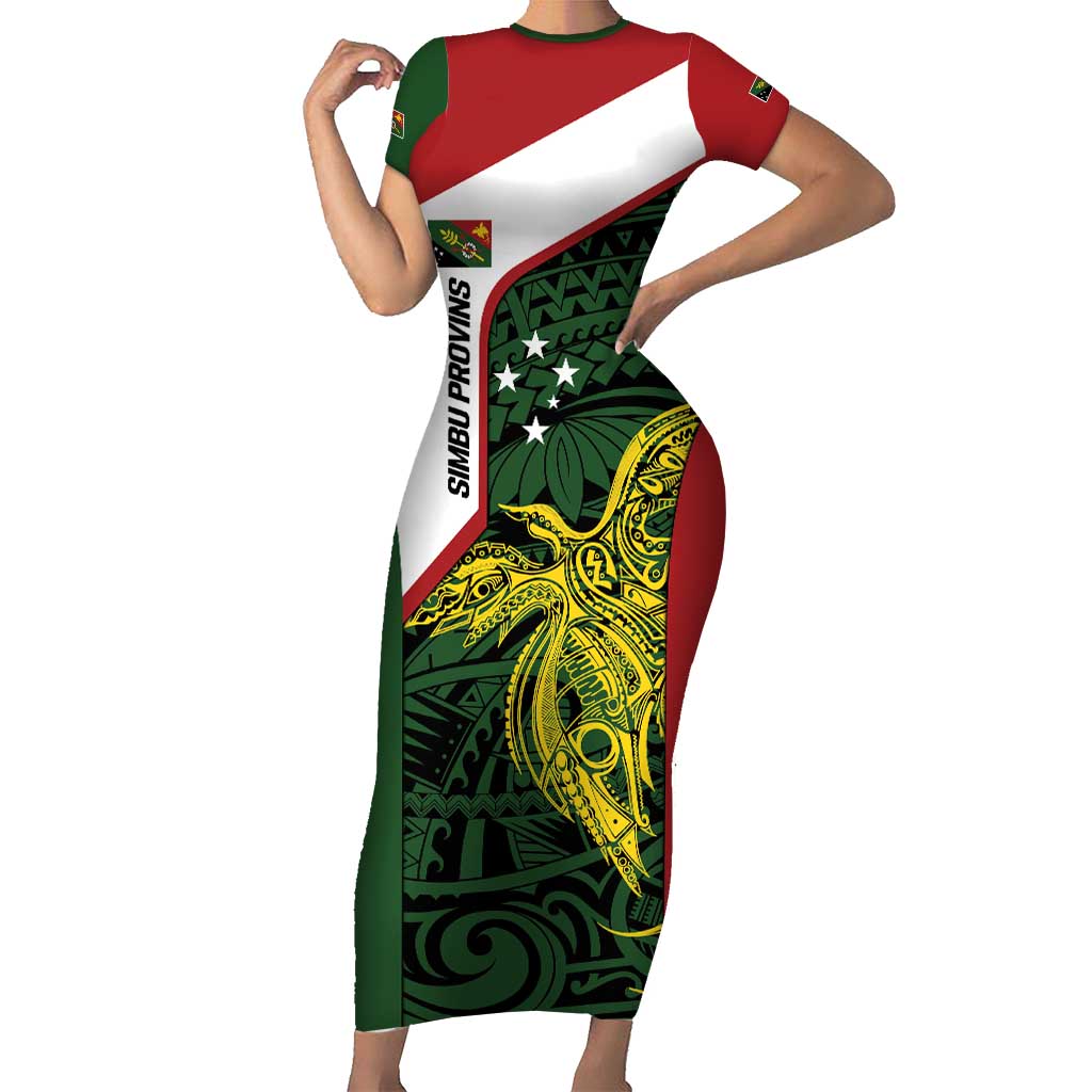 Personalised PNG Chimbu Province Short Sleeve Bodycon Dress Bird of Paradise Tattoo Flag Motif LT9 Long Dress Red - Polynesian Pride