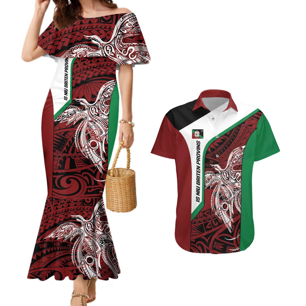 Personalised PNG East New Britain Province Couples Matching Mermaid Dress and Hawaiian Shirt Bird of Paradise Tattoo Flag Motif - Polynesian Pride