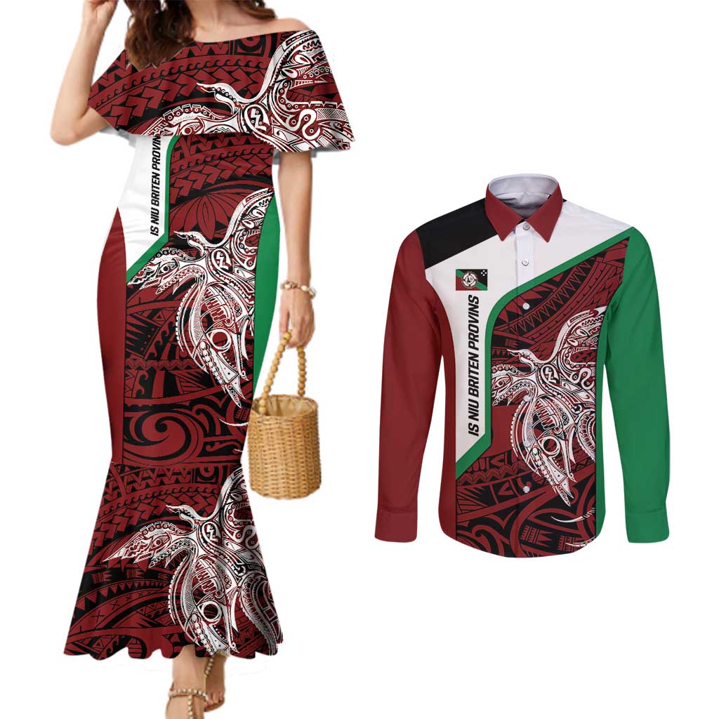 Personalised PNG East New Britain Province Couples Matching Mermaid Dress and Long Sleeve Button Shirt Bird of Paradise Tattoo Flag Motif - Polynesian Pride