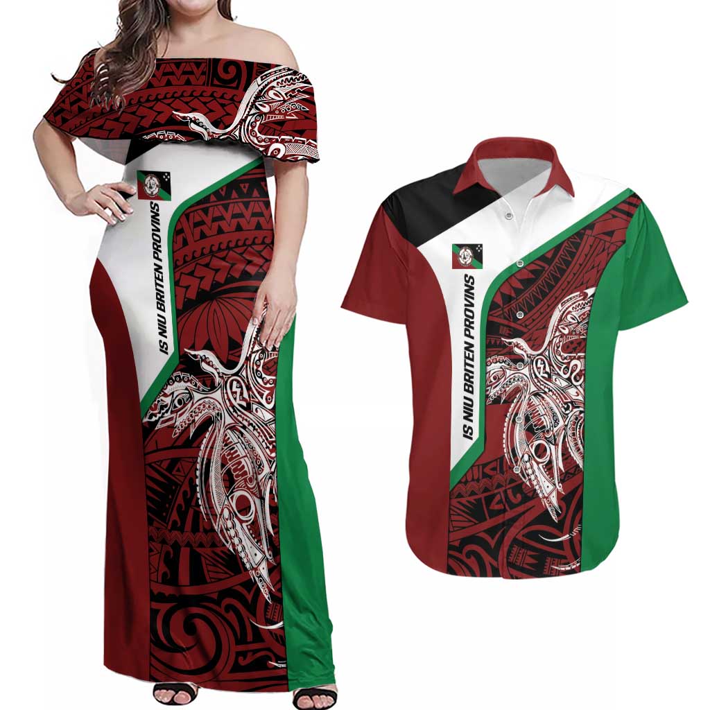 Personalised PNG East New Britain Province Couples Matching Off Shoulder Maxi Dress and Hawaiian Shirt Bird of Paradise Tattoo Flag Motif - Polynesian Pride