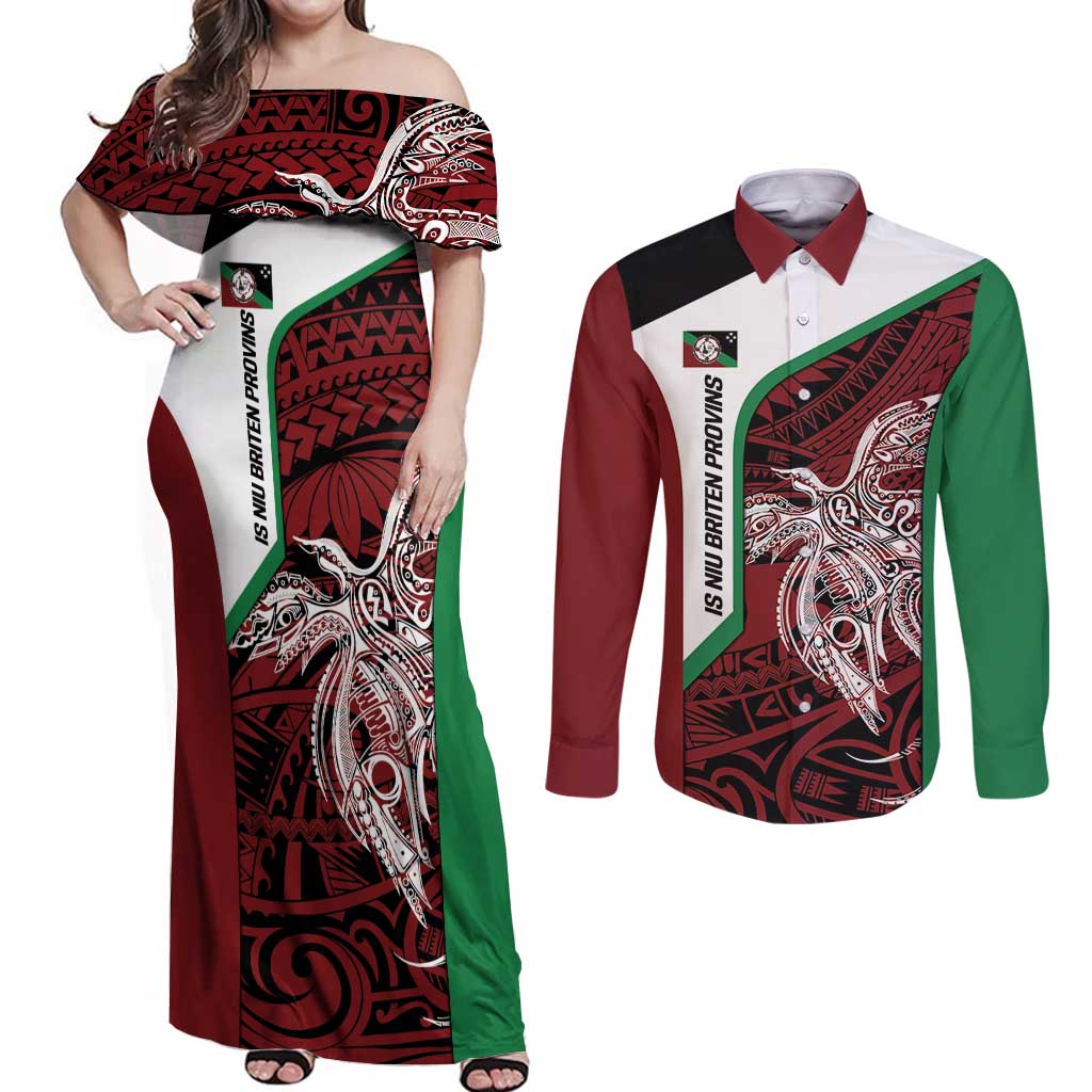 Personalised PNG East New Britain Province Couples Matching Off Shoulder Maxi Dress and Long Sleeve Button Shirt Bird of Paradise Tattoo Flag Motif - Polynesian Pride