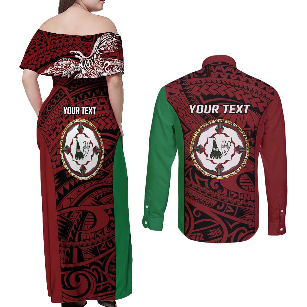 Personalised PNG East New Britain Province Couples Matching Off Shoulder Maxi Dress and Long Sleeve Button Shirt Bird of Paradise Tattoo Flag Motif - Polynesian Pride