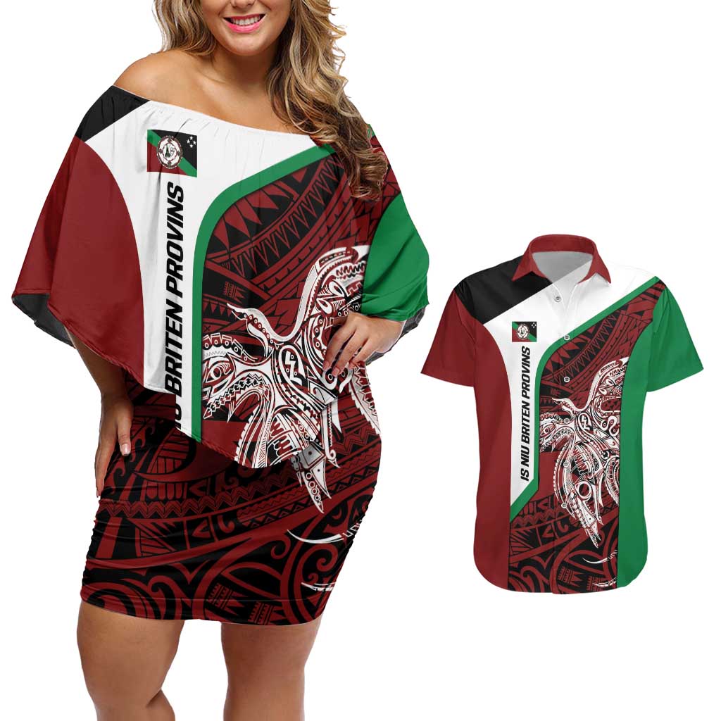 Personalised PNG East New Britain Province Couples Matching Off Shoulder Short Dress and Hawaiian Shirt Bird of Paradise Tattoo Flag Motif - Polynesian Pride