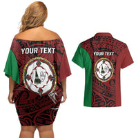 Personalised PNG East New Britain Province Couples Matching Off Shoulder Short Dress and Hawaiian Shirt Bird of Paradise Tattoo Flag Motif - Polynesian Pride