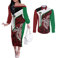 Personalised PNG East New Britain Province Couples Matching Off The Shoulder Long Sleeve Dress and Long Sleeve Button Shirt Bird of Paradise Tattoo Flag Motif - Polynesian Pride