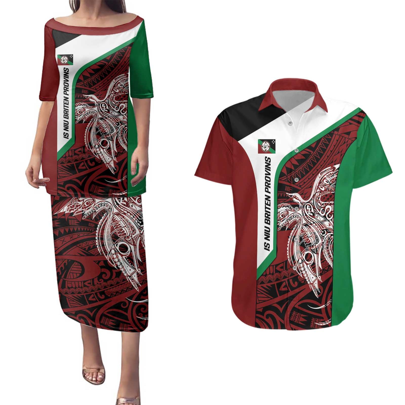 Personalised PNG East New Britain Province Couples Matching Puletasi and Hawaiian Shirt Bird of Paradise Tattoo Flag Motif - Polynesian Pride